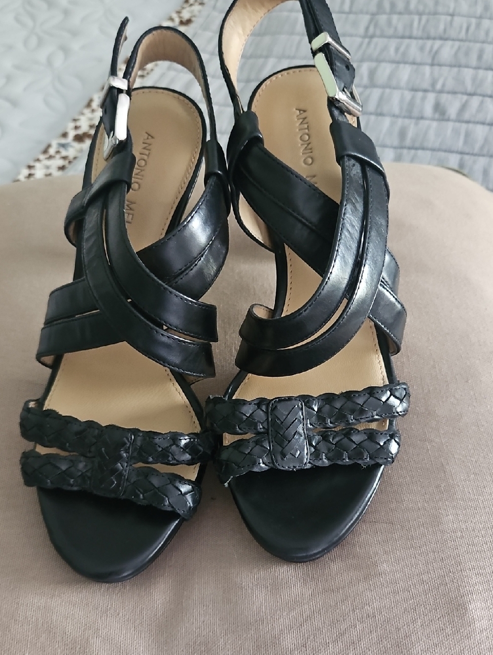ANTONIO MELANI Black Braided Leather Slingback Heels